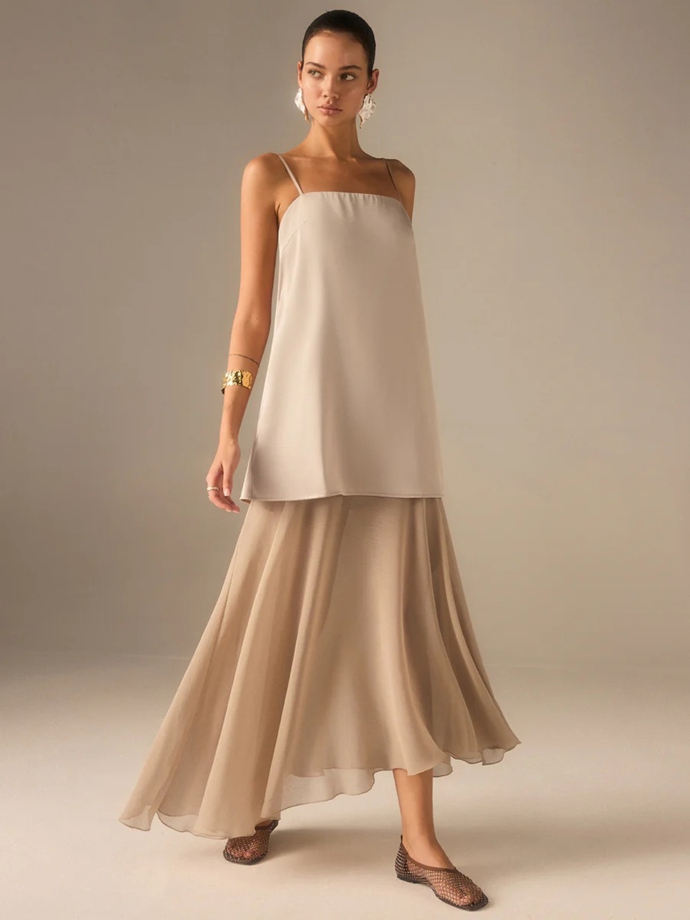 NWT Commense 2 in 1 Semi-Sheer Chiffon Cami Maxi Dress Khaki Size Medium - Picture 7 of 10